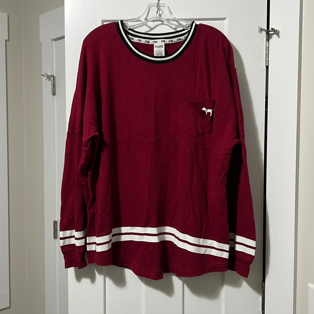 **SOLD!**PINK Varsity Crew Burgundy Tshirt Sweatshirt - Picture 1 of 6